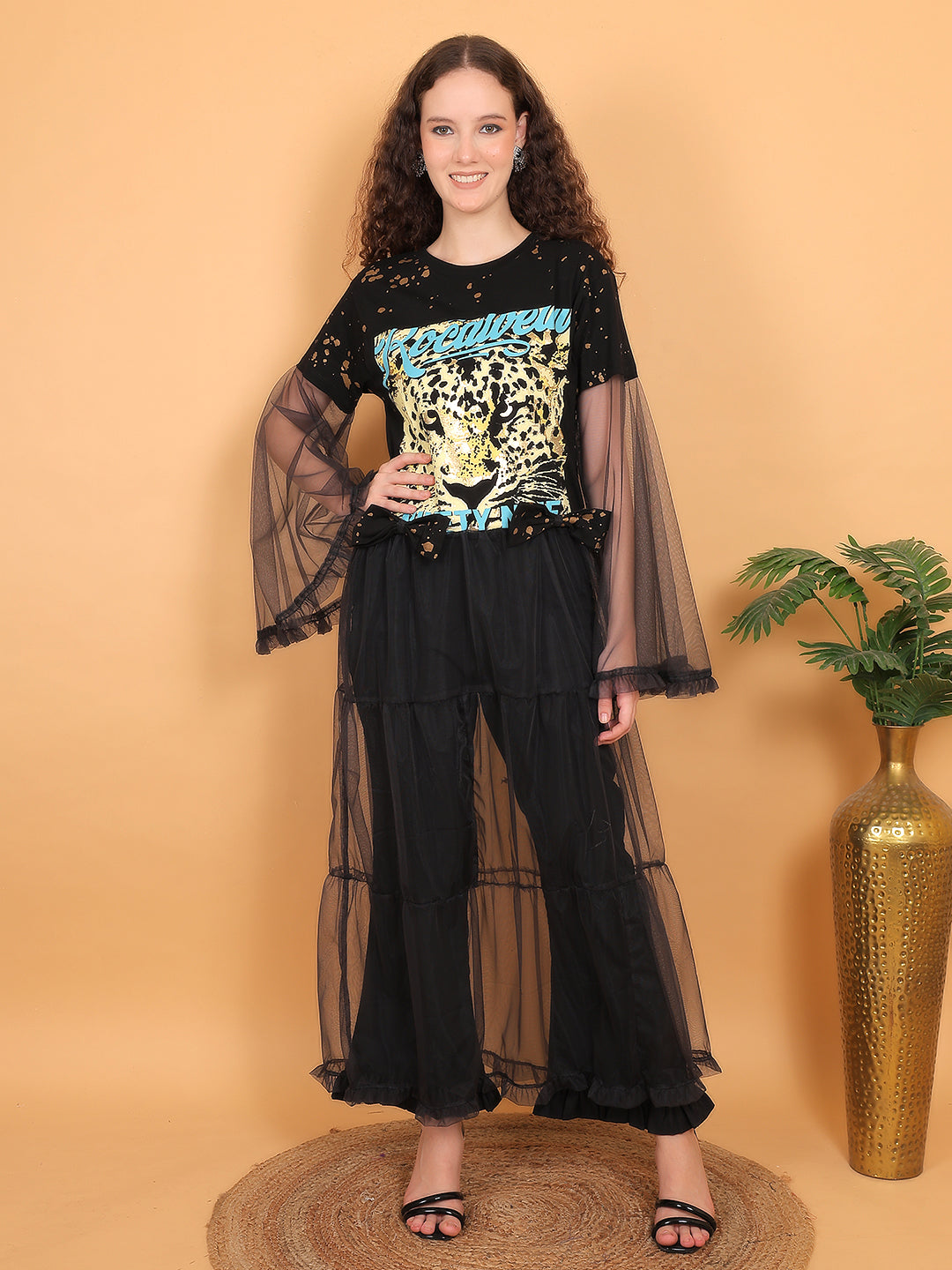 Graphic Print and Mesh Maxi Top