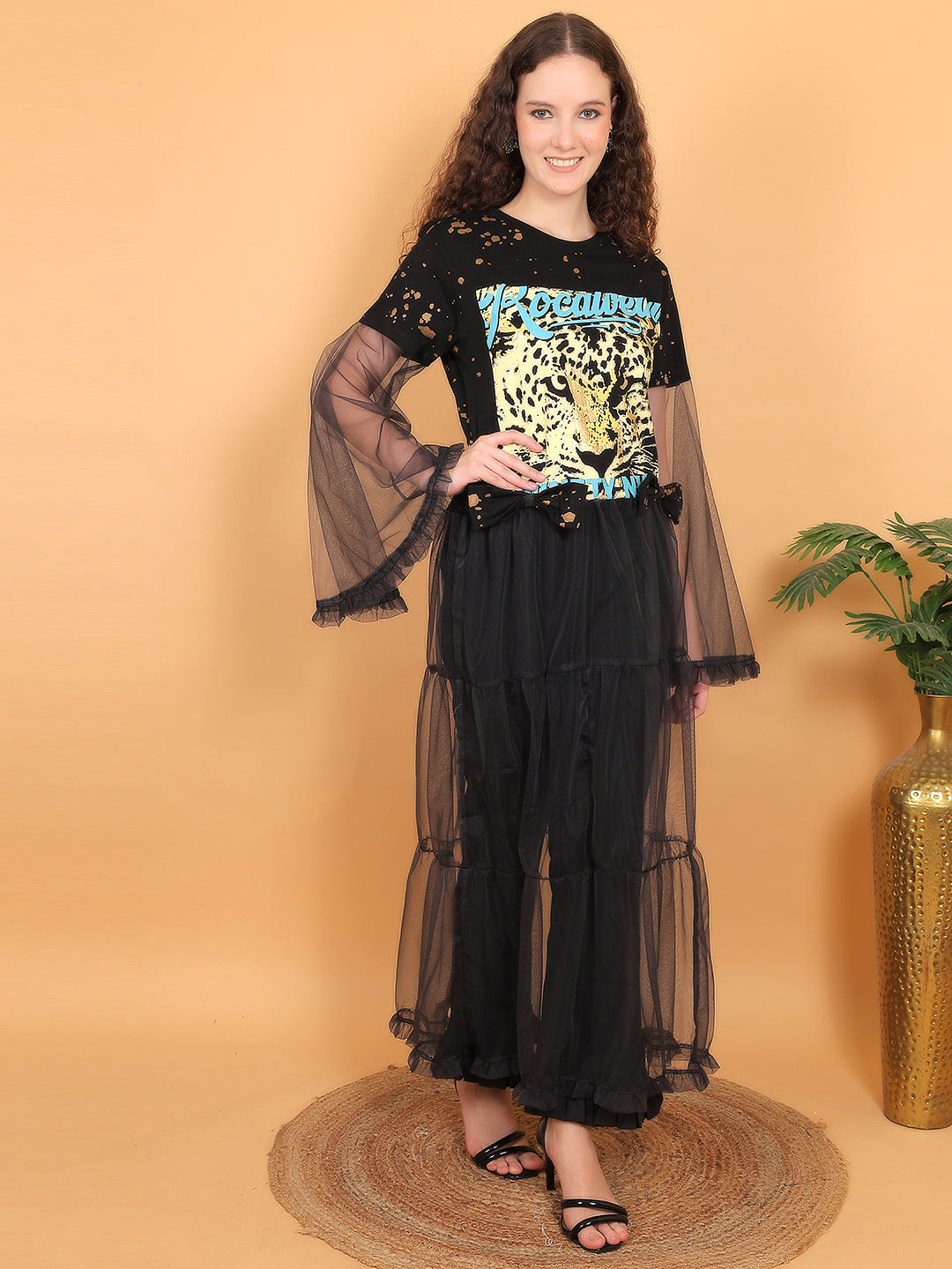 Graphic Print and Mesh Maxi Top