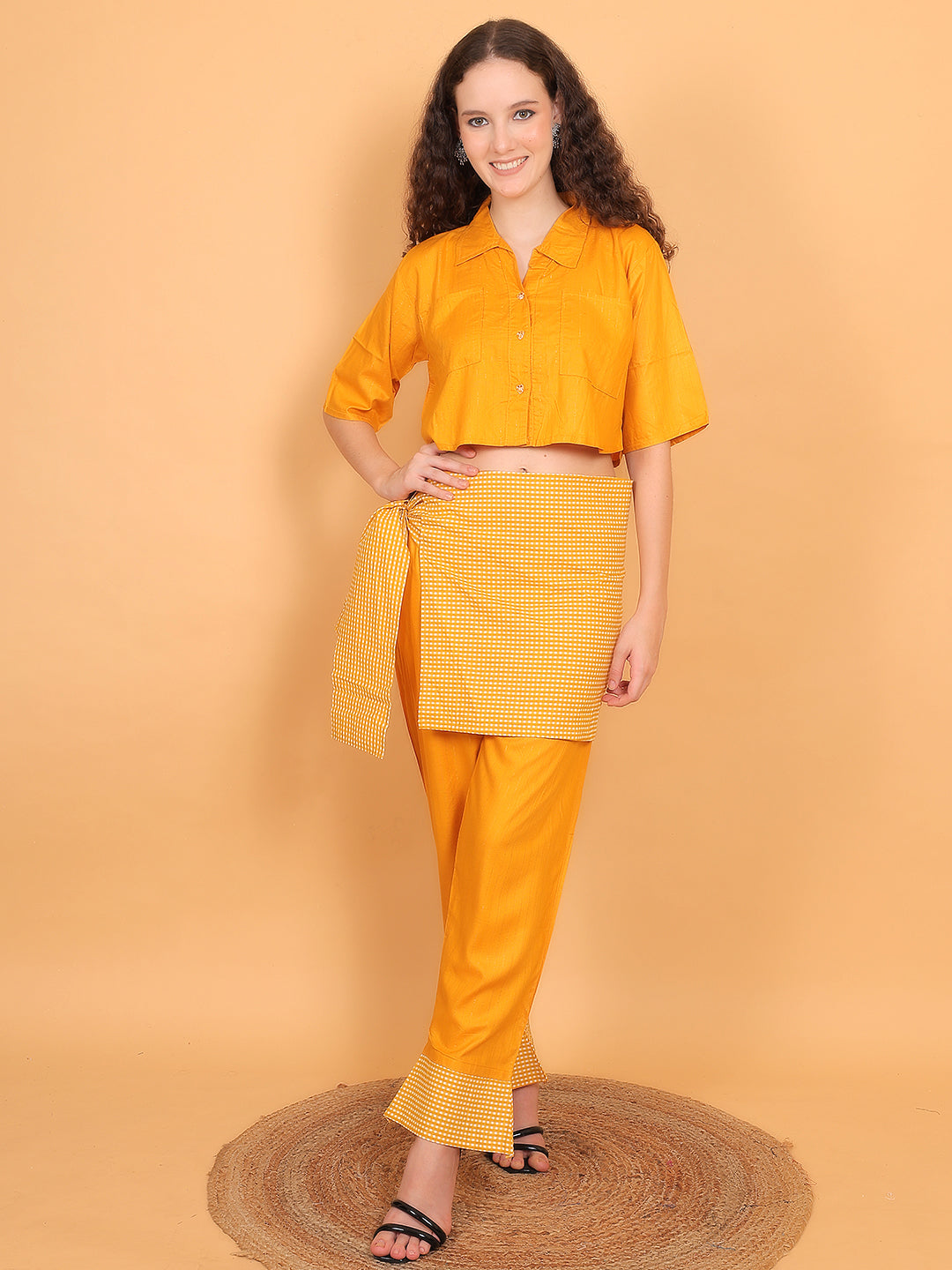 3 piece Mustard Co-ord with check wrap belt