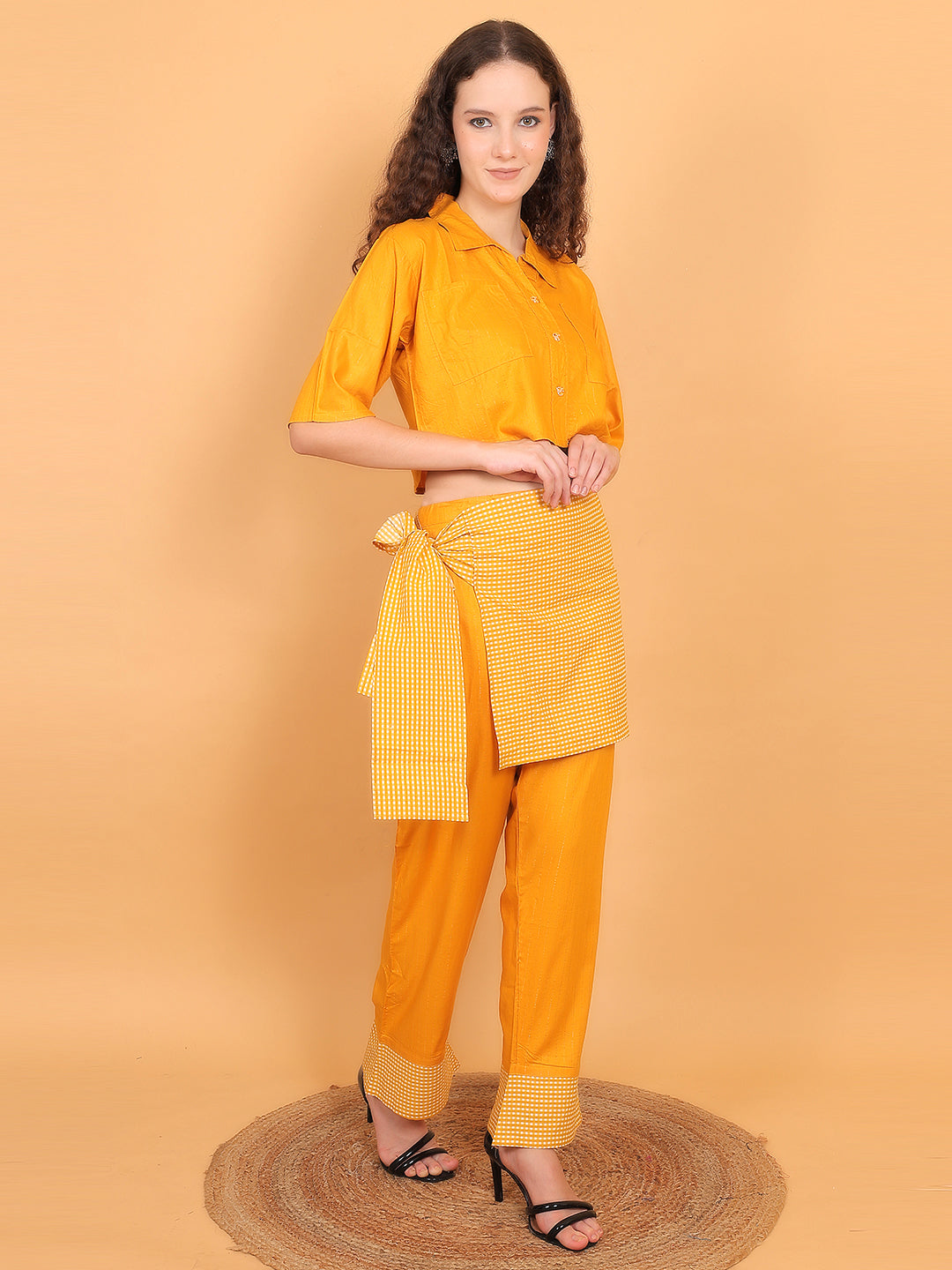 3 piece Mustard Co-ord with check wrap belt