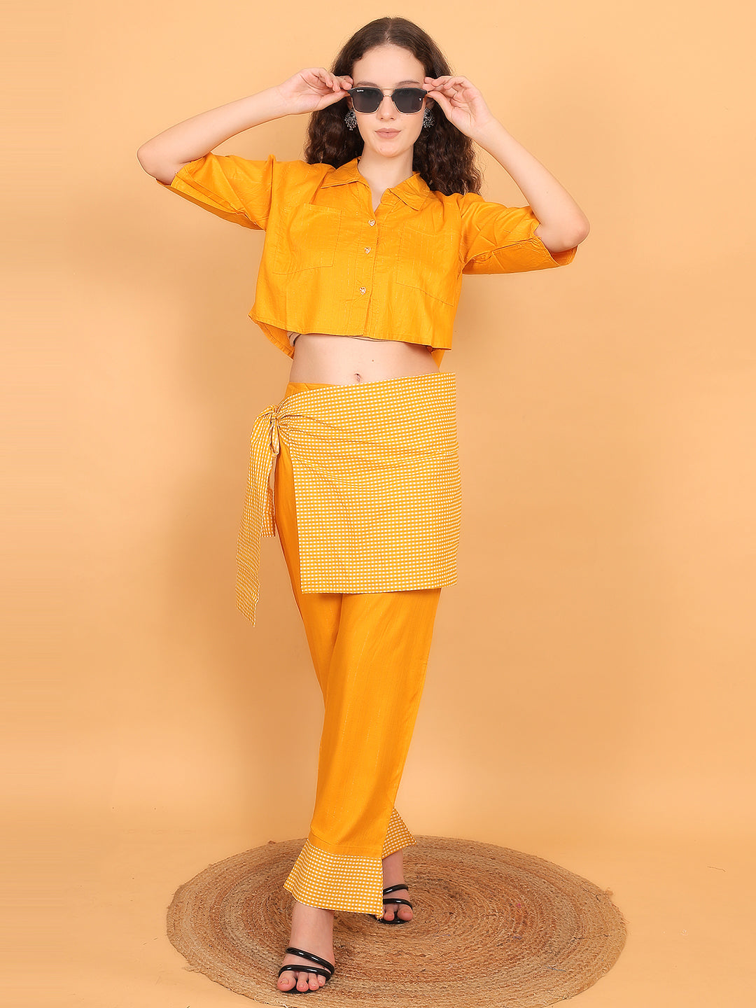 3 piece Mustard Co-ord with check wrap belt